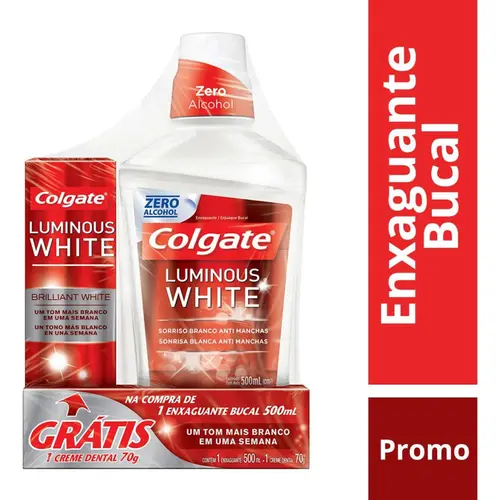 Kit Antisséptico Bucal Colgate Luminous White 500ml + Creme Dental 70g Grátis