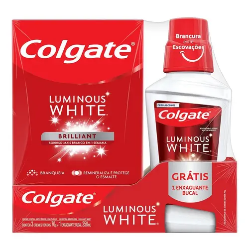 Creme Dental Colgate Luminous White Mint 3 Unidades de 70g cada e Ganhe Enxaguante Bucal Luminous White 250ml