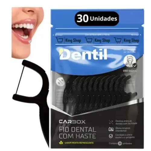 Fio Dental Dentil Haste Carvão Ativado 30 Unidades Limpeza InterdentalFio Dental Dentil Haste Carvão Ativado 30 Unidades Limpeza Interdental