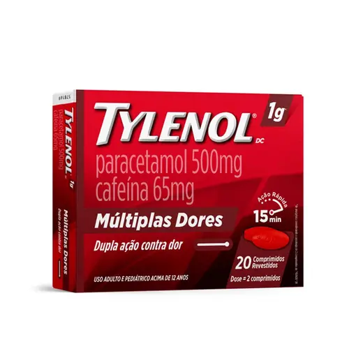 Tylenol DC Múltiplas Dores Paracetamol 500mg + Cafeína 65mg com 20 Comprimido