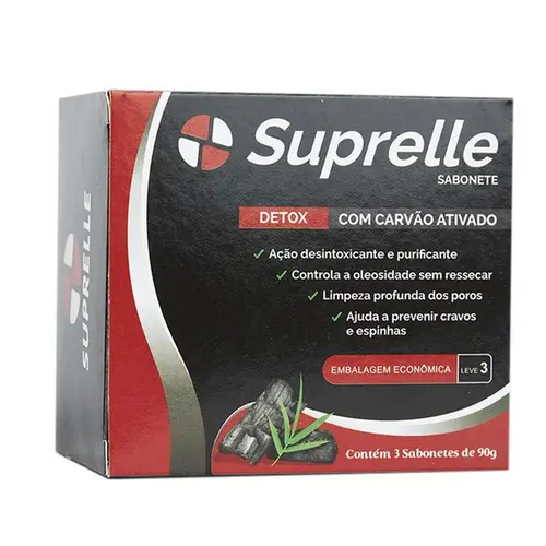 Sabonete Carvão Ativado Suprelle 90g - Contém 3 Sabonetes