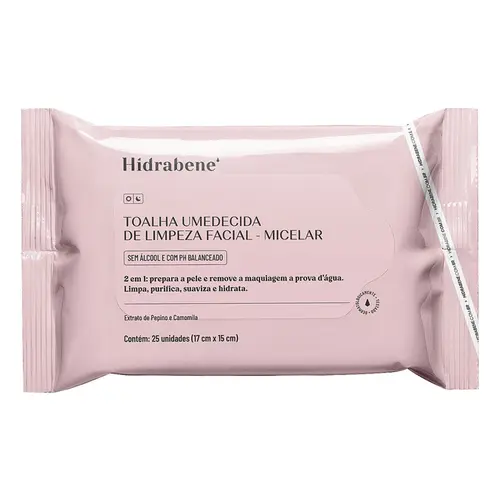 Toalha Umedecida de limpeza facial Micelar Hidrabene 25 Unidades