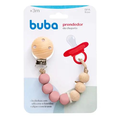 Prendedor de Chupeta em Silicone e Bambu Buba Rosa