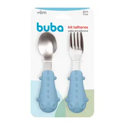 Kit Talheres Colher e Garfo Cabo em Silicone Buba Dino Azul