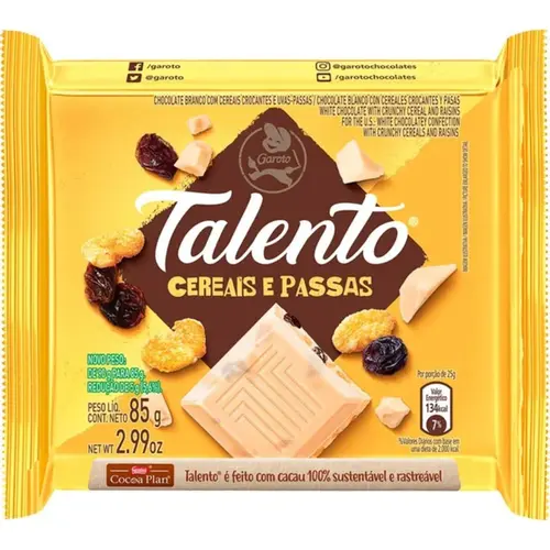 Chocolate Garoto Talento Branco Cereais e Passas 85g
