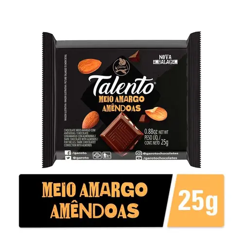 CHOCO BARRA TALENTO MEIO AMARGO AMENDOAS 85G