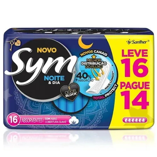 Absorvente Sym Suave Noite e Dia com Abas Leve 16 Pague 14 Unidades