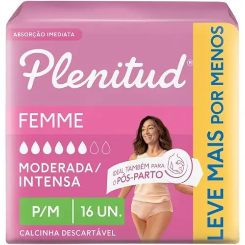 Roupa Íntima Descartável Plenitud Femme Feminino P/M Absorção Moderada a Intensa 16 unidades
