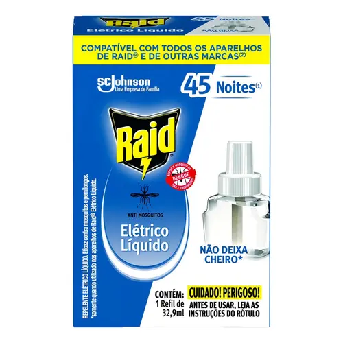 Repelente Elétrico Líquido Raid 45 Noites Refil de 32,9 ml