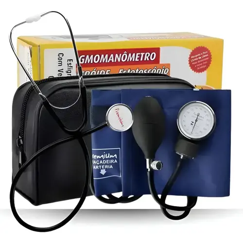 Esfigmomanômetro Premium Aneróide Azul + Estetoscópio Simples