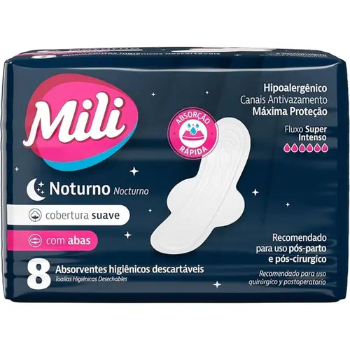 Absorvente Mili Noturno Suave com Abas 8un