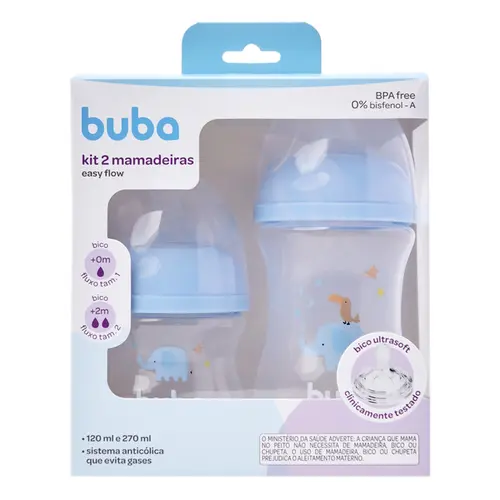 Kit 2 Mamadeiras Buba Easy Flow Elefante Azul 120ml e 270ml