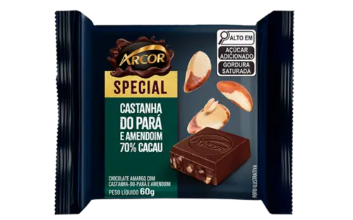 Chocolate Amargo 70% Cacau com Castanha-do-Pará e Amendoim Arcor Special 60g