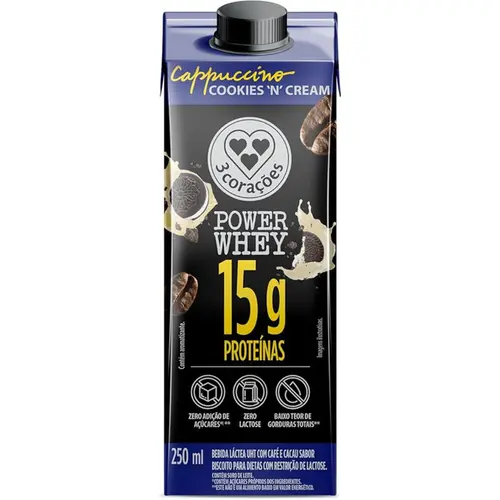 Bebida Láctea 3 Corações Cappuccino Power Whey Cookies'n Cream 250ml