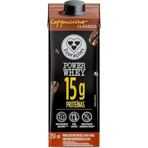 Bebida Láctea 3 Corações Power Whey Cappuccino Clássico 250ml